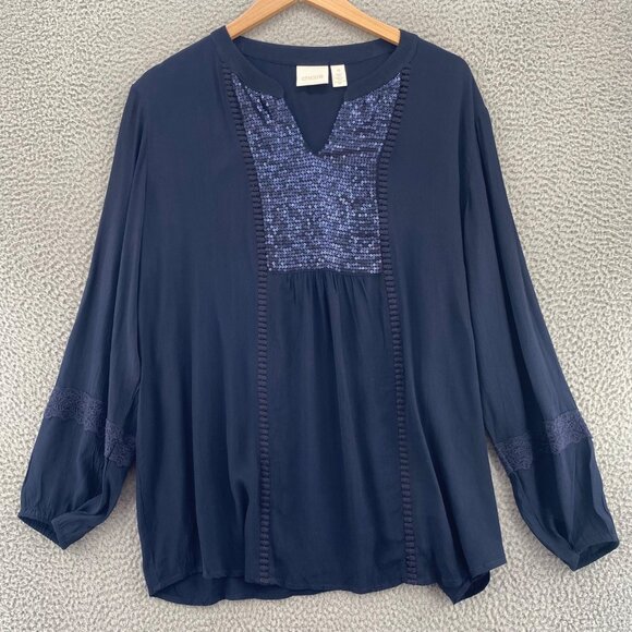 Chicos Top Women 4 US 20 Plus Navy Sequin Shine Tunic Long Balloon Sleeve Blouse - Picture 1 of 13